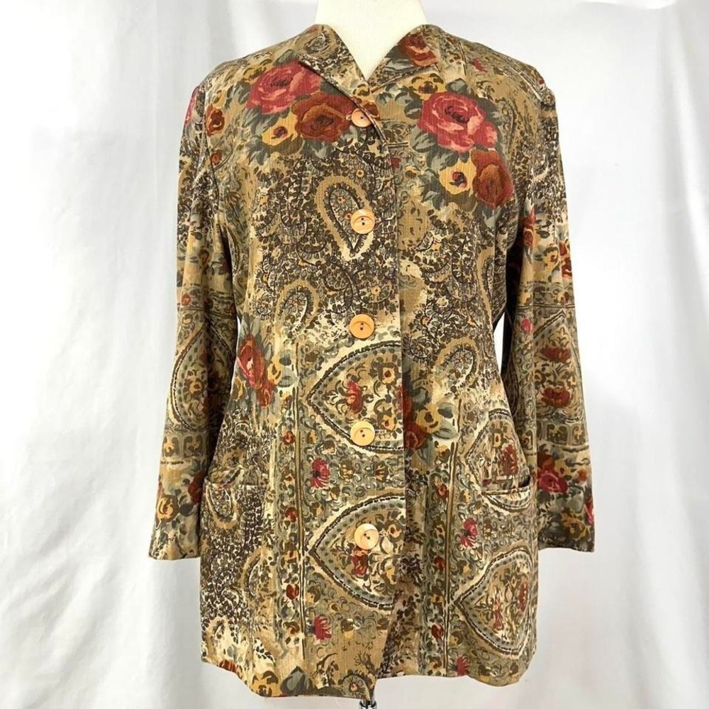WORTHINGTON Vintage 80s 90s Tan Floral Blazer Jacket Women's 14 Petite USA Made